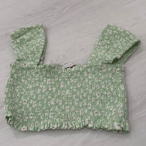 Olivaceous Light Green Floral Smocked Crop Top